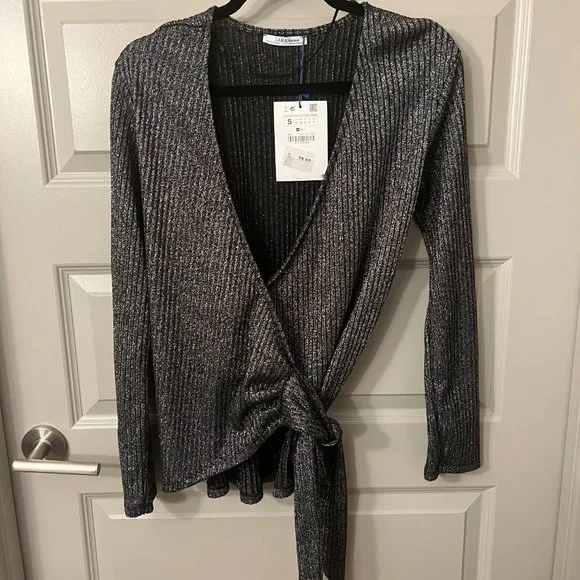 Zara Silver Ribbed Wrap Top. Size S. NWT - Picture 2 of 4